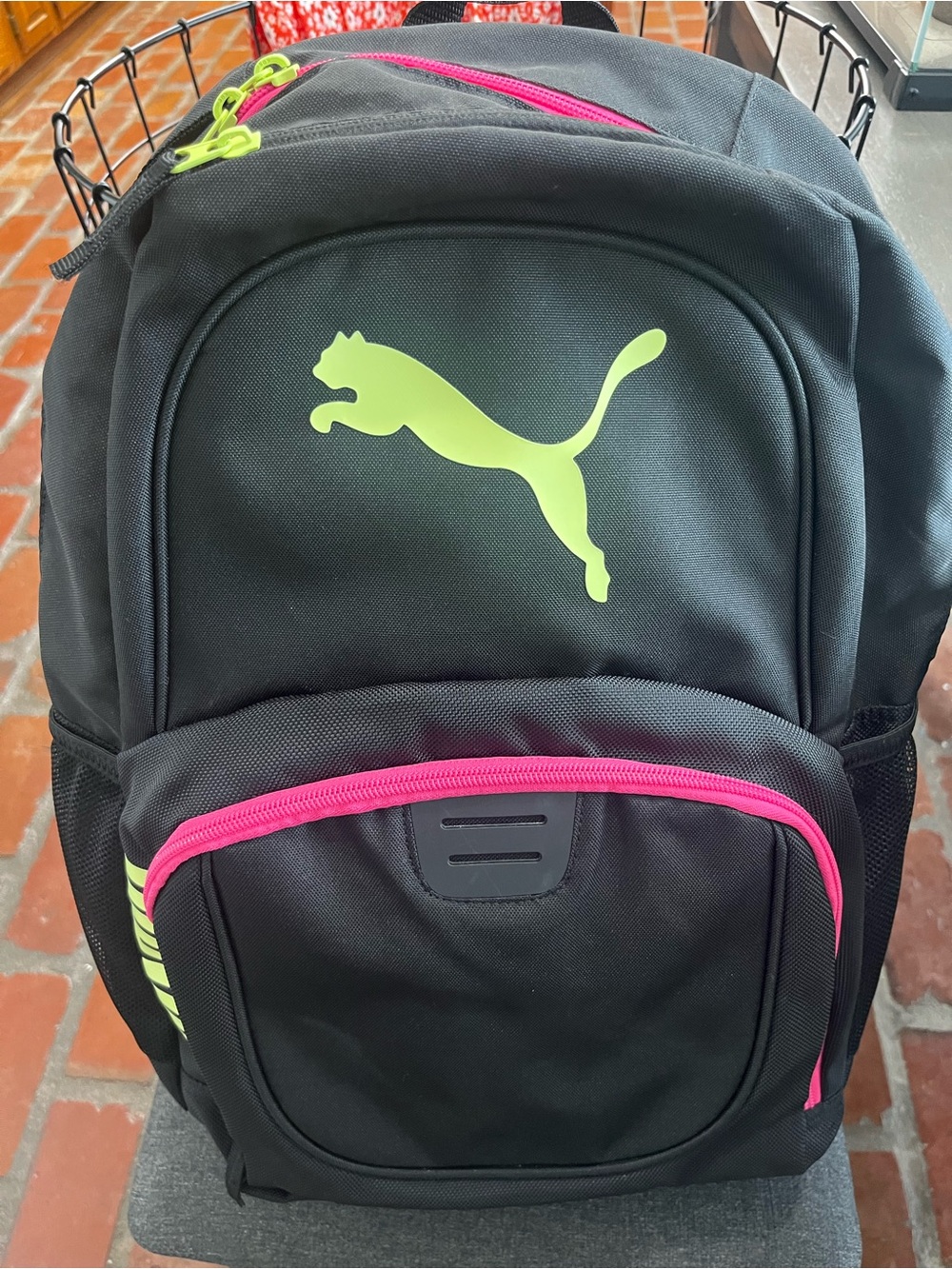Puma Black Backpack with Neon Green Logo and Pink Trim Accents Back to School